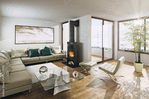 Winter am Kaminofen in einem modern eingerichtetem Apartment - 3D Visualisierung © 4th Life Photography