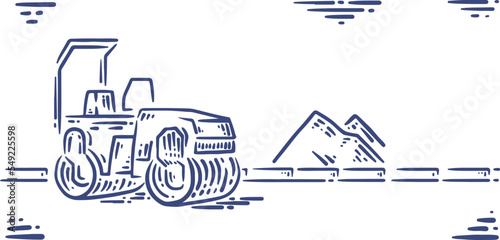 Line art sketch with asphalt roller. Handdrawn doodle vector illustration with construction machinery. Monochrome linear illustration. Concept of building and repairing new road. Mountain of sand