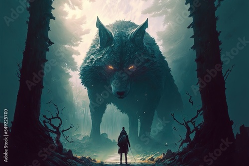 Person confront with a giant wolf in the forest. fiction. fantasy scenery. concept art.