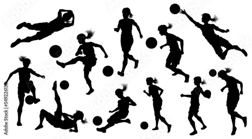 A set of female soccer football player women silhouettes