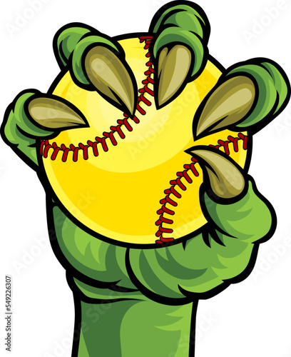 A claw monster talons hand holding a softball ball