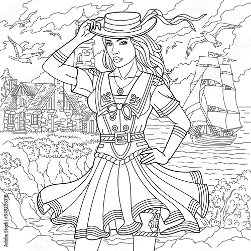 Beautiful woman by the sea, sailing ship and flying seagulls. Adult coloring book page in mandala style.