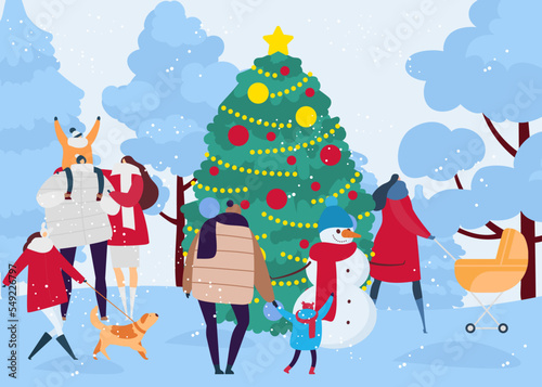Winter season outdoor walk at snow, flat people character vector illustration...