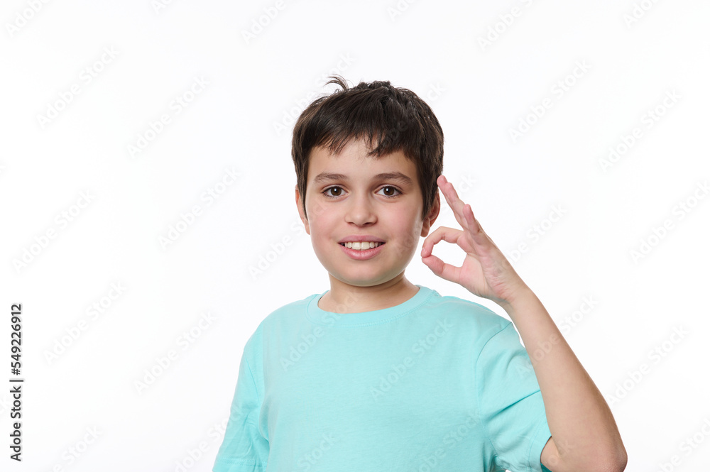 Dark-haired Caucasian boy in blue turquoise casual t-shirt, smiling a cheerful beautiful toothy smile, showing ok sign looking at camera, isolated over white background with space for promotional text Dark-haired Caucasian boy in blue turquoise casual t-shirt, smiling a cheerful beautiful toothy smile, showing ok sign looking at camera, isolated over white background with space for promotional text