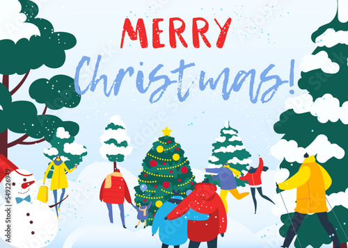 Winter season outdoor walk at snow, flat people character vector illustration...