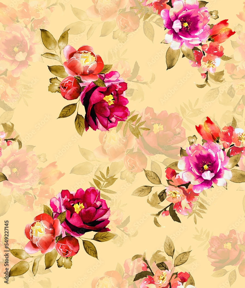 Digital Flower Pattern - Textile Pattern Design , Watercolor Background, Watercolor illustration. Textile Digital Pattern, Digital Design