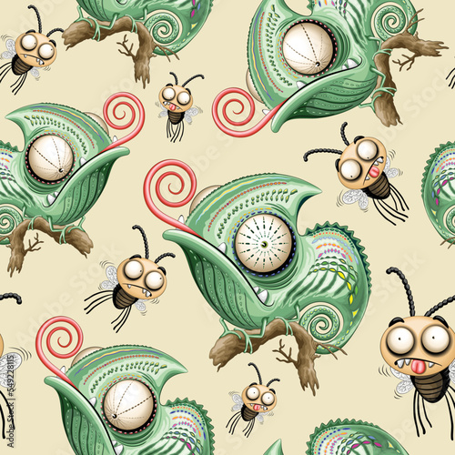 Chameleon Funny Cartoon Character staring at confused flies Vector Seamless Repeat Textile Pattern
