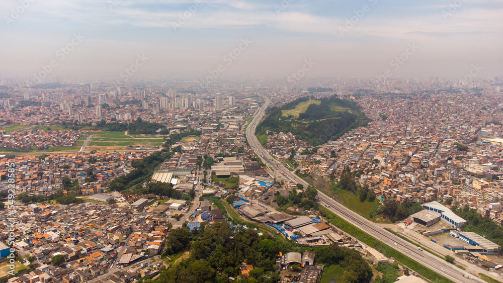 BRAZIL SAO PAULO NOVEMBER 23, 2022 Aerial view of the city of Guarulhos