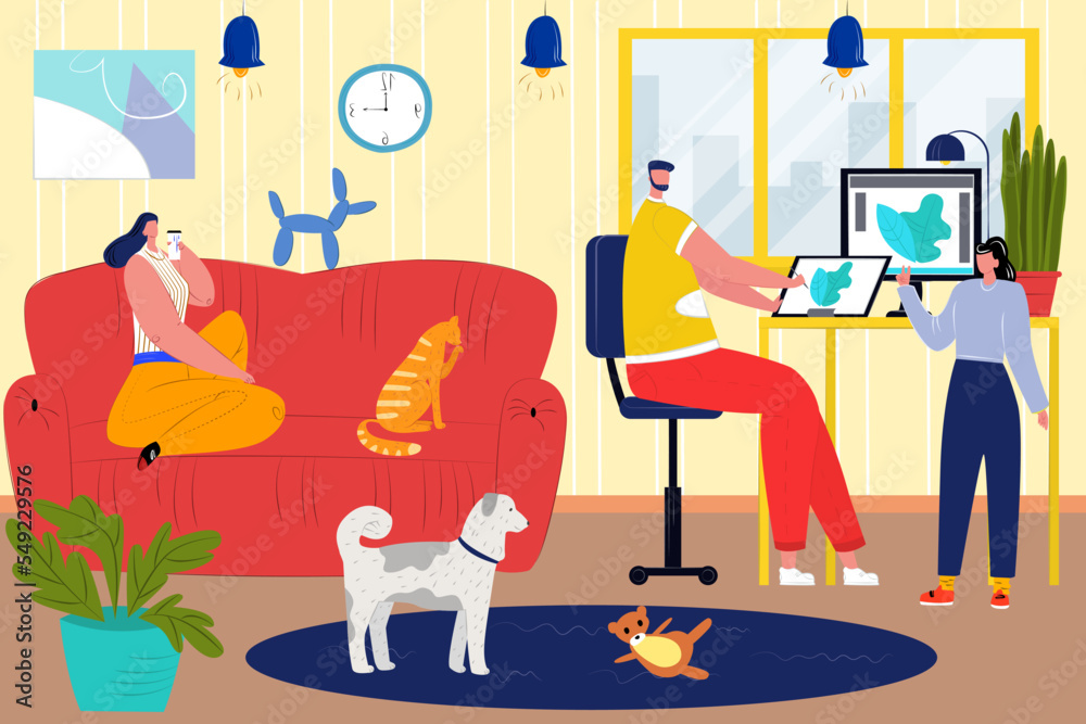 Father work at home, family person together at cartoon scene, vector illustration. Man woman young kid character in room.
