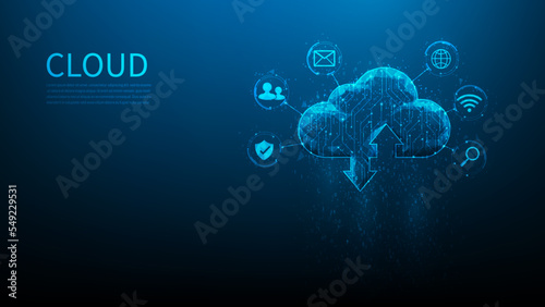 cloud computing security technology background. business network data storage online. vector illustration fantastic hi tech. hi-tech cloud with icon. download and upload data information digital.