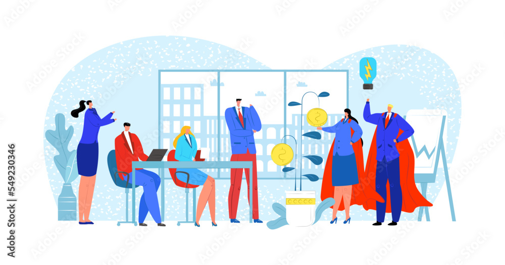 Solution in cartoon office, people work at success technology vector illustration. Flat business team with man woman super hero
