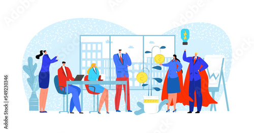 Solution in cartoon office, people work at success technology vector illustration. Flat business team with man woman super hero