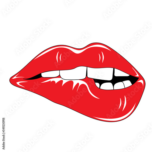 Sexy female biting lips with red lipstick. Makeup and beauty concept. Vector illustration