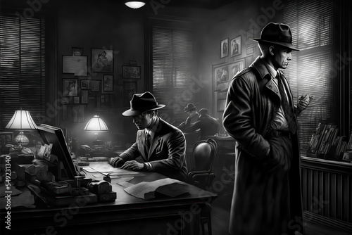 AI generated image of a noir scene with a detective following a lead investigating a case