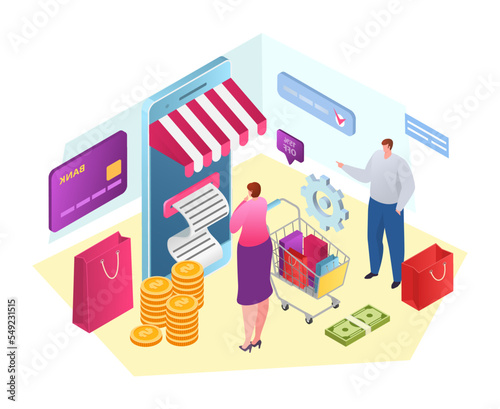 People use internet service, isometric buy with check bill vector illustration. Online payment receipt, business money safe at shopping.