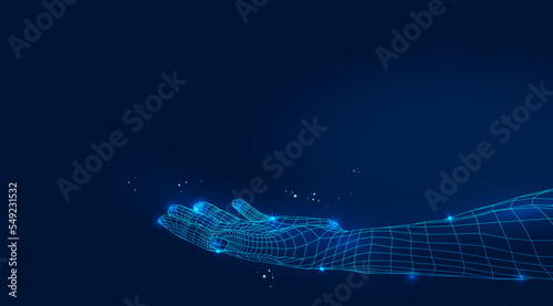 Annotation extends a hand. Low poly design. Blue geometric background. Frame structure of light connection. Modern 3d graphic concept. Isolated vector illustration.
