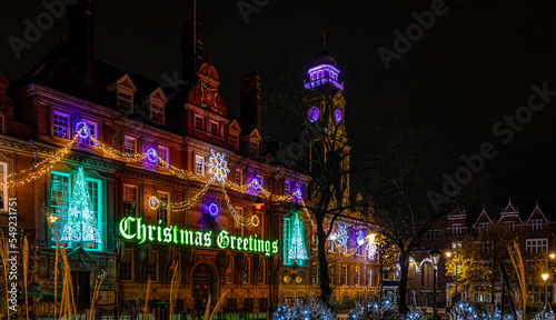 View of Leicester town hall square in the night decorated for Christmas time © Alexey Fedorenko