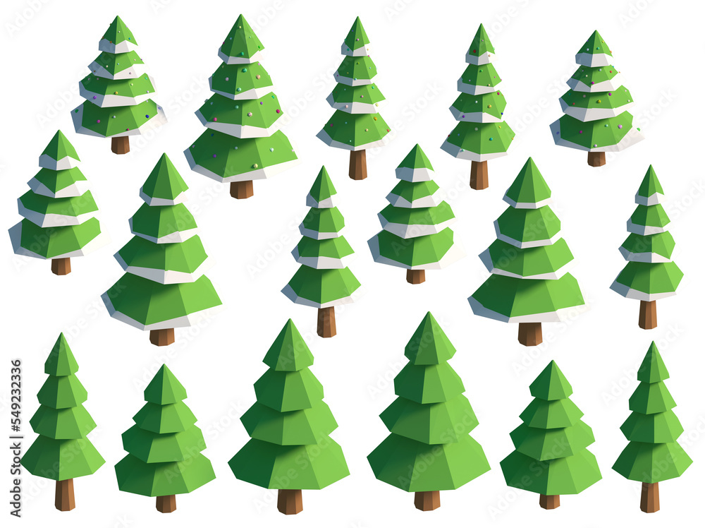 Isometric set of green fir trees decorated with snow toys. Isolated 3d illustration of Christmas trees, isometric view.