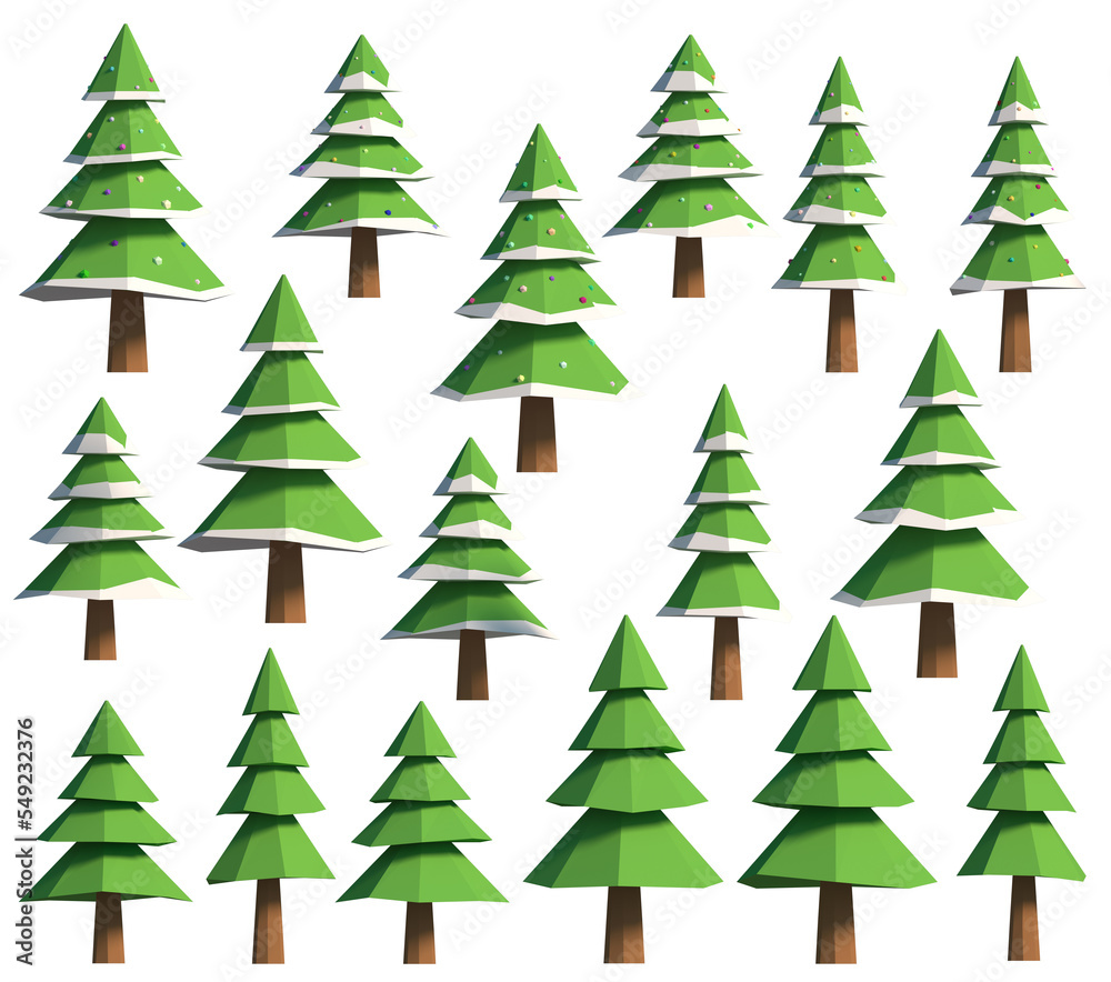 Isometric set of green fir trees decorated with snow toys. Isolated 3d illustration of Christmas trees, isometric view.
