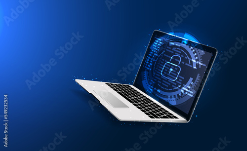 Cyber security, data protection, cyberattacks concept on blue background. Database security software development. Online security concept. Laptop protected with shield. Vector illustration