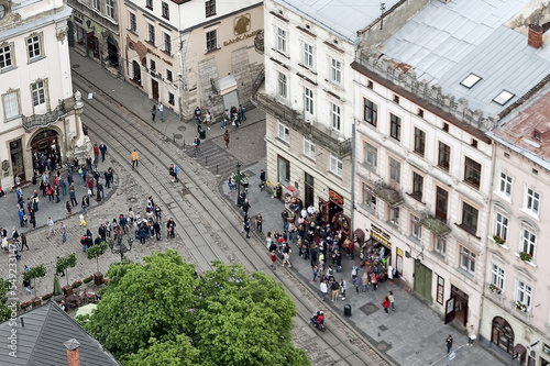 The aerial view to the part of Market Square in Lviv, Ukraine.