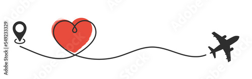 Airplane line path vector illustration. Love travel vector icon. Trace plane in heart shape isolated on white background.	