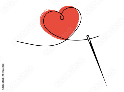 Sewing needle with thread red heart shape. Line in heart shape. Love decoration design background. Vector illustration.
