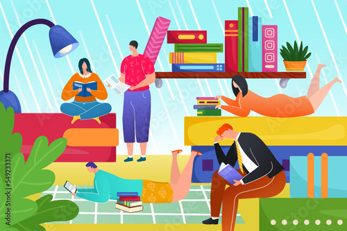 Study knowledge concept, vector illustration. People character read book for school education. Woman man student learn at library design.