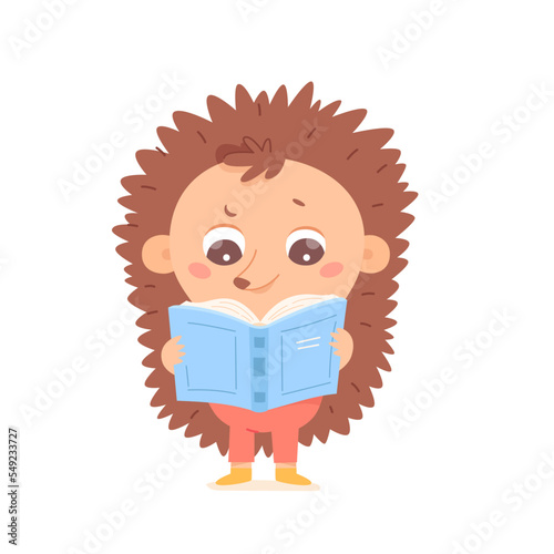 Cute hedgehog reading open book, happy baby animal holding school textbook or fairy tales