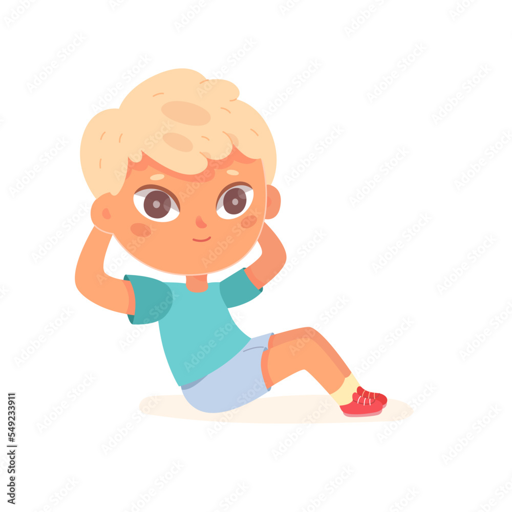 Boy doing crunches sport exercises in gym vector illustration. Cartoon isolated active child training abdominal muscles of belly, cute kid athlete lying on floor and stretching healthy body Boy doing crunches sport exercises in gym vector illustration. Cartoon isolated active child training abdominal muscles of belly, cute kid athlete lying on floor and stretching healthy body