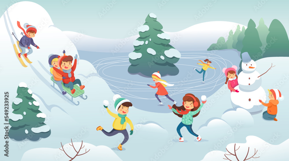 Obraz premium Cute children play winter games, snowy park landscape with playing girls and boys