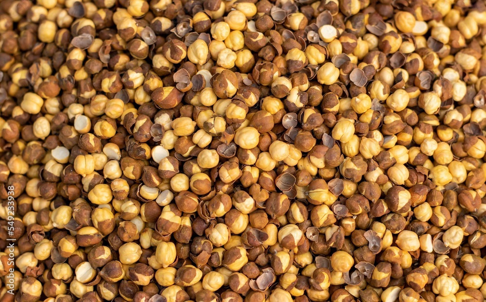 Top View of Roasted Chickpea or Garbanzo Bean with Selective Focus in Horizontal Orientation, Also Known as Bengal Gram or Egyptian Pea Top View of Roasted Chickpea or Garbanzo Bean with Selective Focus in Horizontal Orientation, Also Known as Bengal Gram or Egyptian Pea
