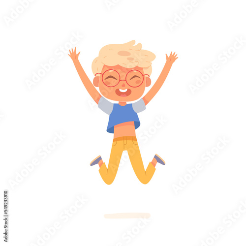 Boy dancing to music with jumps vector illustration. Cartoon isolated little male dancer character jumping high and laughing with happy emotions, fun active hip hop dance of cute excited child