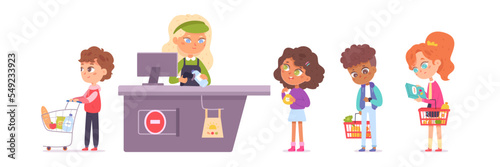 Customers kids in queue vector illustration. Children buyers in grocery store at cash desk with cashier characters. Consumers boys and girls in supermarket buying goods. Market shopping.