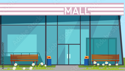 Shopping mall facade, front entrance to commercial modern building with shops, stores