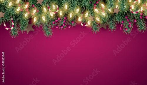 Holiday garland border, branch frame. Green for festive decor, winter new year advent, elegant christmas decoration, banner background, spruce tree, berry and light bulbs. Vector illustration