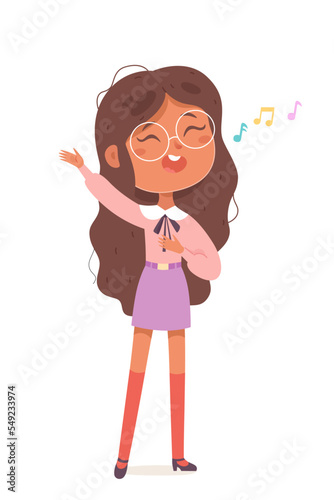 Cute girl singing song, happy kawaii female singer with glasses standing to sing to music