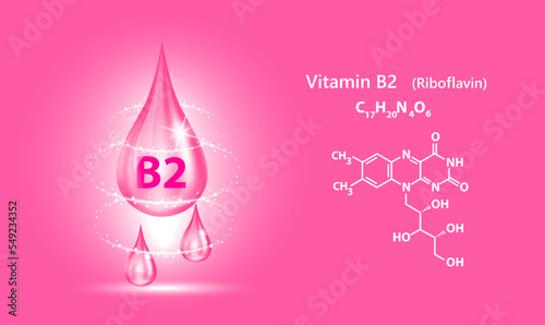 Icon structure vitamin B2 drop water collagen dark pink. 3D Realistic Vector. Medical and scientific. Beauty treatment nutrition skin care design. Solution complex with Chemical formula nature.