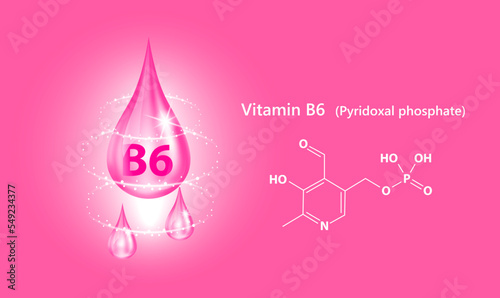 Icon structure vitamin B6 drop water collagen dark pink. 3D Realistic Vector. Medical and scientific. Beauty treatment nutrition skin care design. Solution complex with Chemical formula nature.