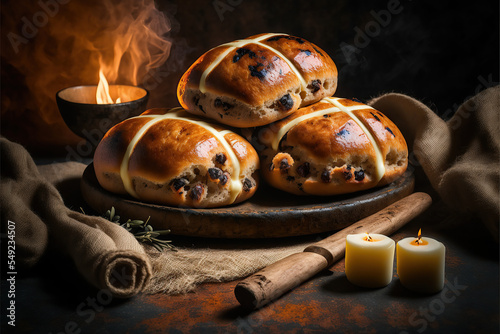 freshly baked hot cross buns on a wooden table