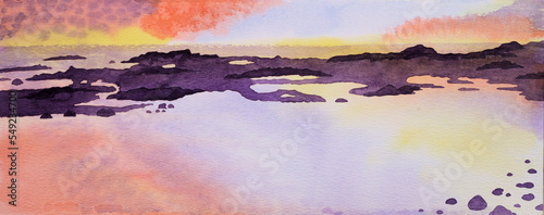 Abstract watercolor sunset over a rock bar
