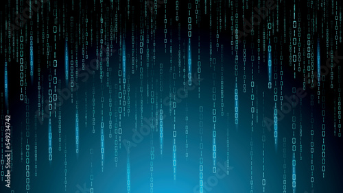 Matrix binary code. Digits encryption. One and zero numbers. Random falling data. Malware technology. Software encode. Digital program backdrop. Cyber algorithm. Vector design background