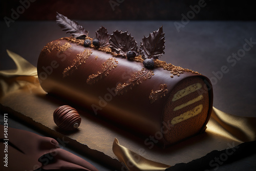 Fotografia traditional french buche de noel christmas cake in a french patisserie