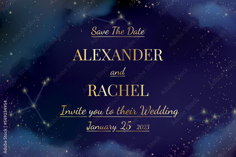 Night sky background. Wedding invitation. Magic gold stars. Sparkle glitter galaxy. Dark heaven. Golden winter space panorama. Invite to marriage ceremony. Vector holiday banner template