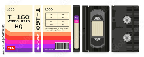 Movie cassette label. Beta box. 1980s old design camera technology. Black layout. Music recorder. VHS packaging design. Magnetic videotape. Retro videocassette. Vector cartoon illustration