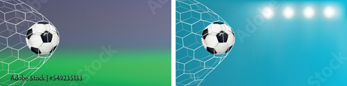Soccer goal. Ball in net. Sport field. Team banner with grass stadium. Game kick and win. Football playground. Blurred backdrop. Match flyer. Tournament background. Vector illustration