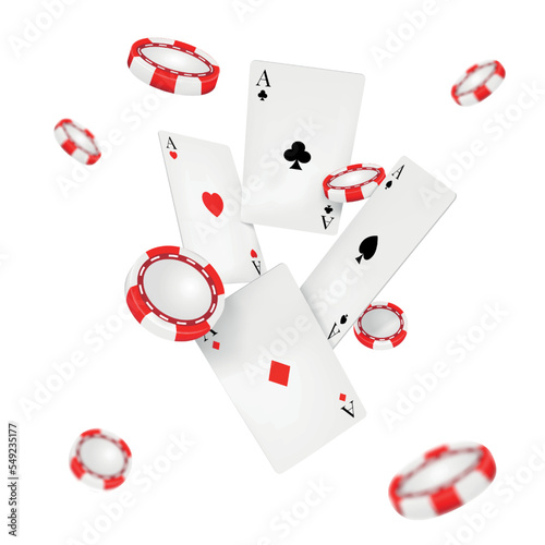 Casino poker card, 3d composition, poker play isolated on white background elements. Flying fall chip, white and red vegas game, gamble ace, win money vegas jackpot. Vector design background