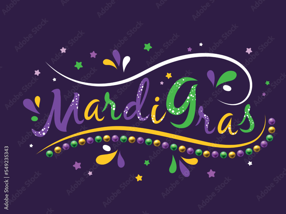 Mardi Gras beads. Word logo. New Orleans Mardigras party. Holiday parade. Confetti and necklace balls. Festival invitation. Carnival masquerade. Calligraphic font. Vector banner design Mardi Gras beads. Word logo. New Orleans Mardigras party. Holiday parade. Confetti and necklace balls. Festival invitation. Carnival masquerade. Calligraphic font. Vector banner design