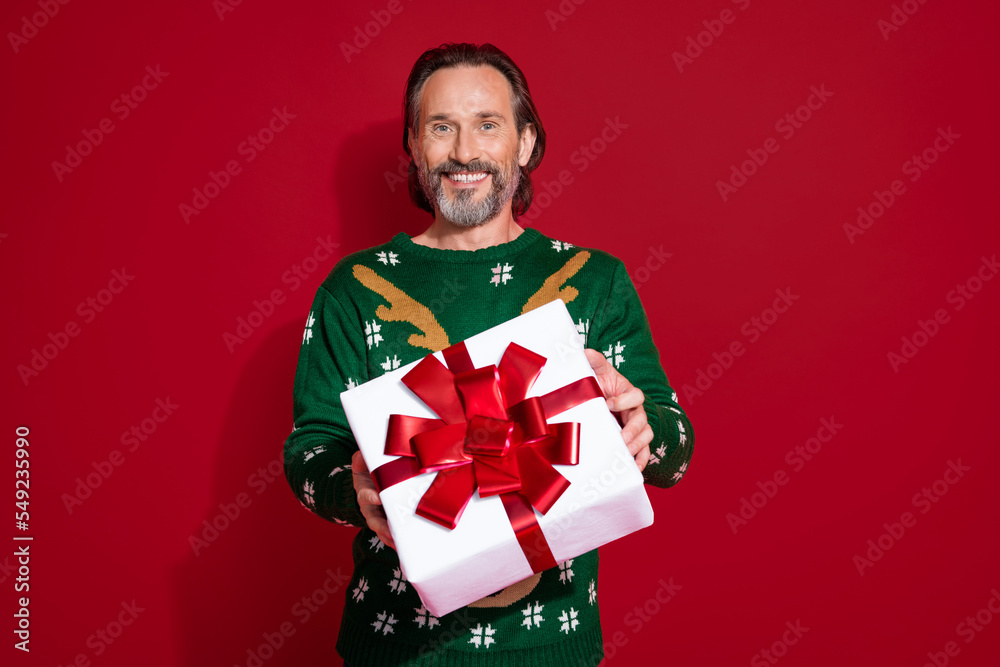 Portrait of positive nice man hands hold give you newyear giftbox isolated on red color background