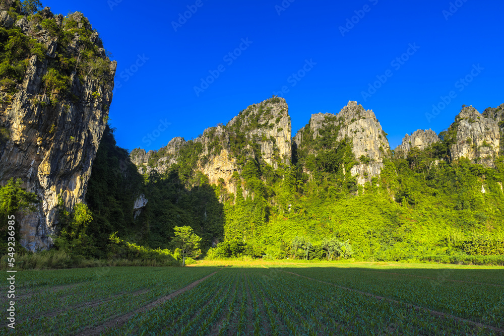 Limestone mountain range along the sugar cane farm at Khao Sam Kasat (Three Kings Mountain), Noen Maprang distrcit, Phitsanulok, Thailand